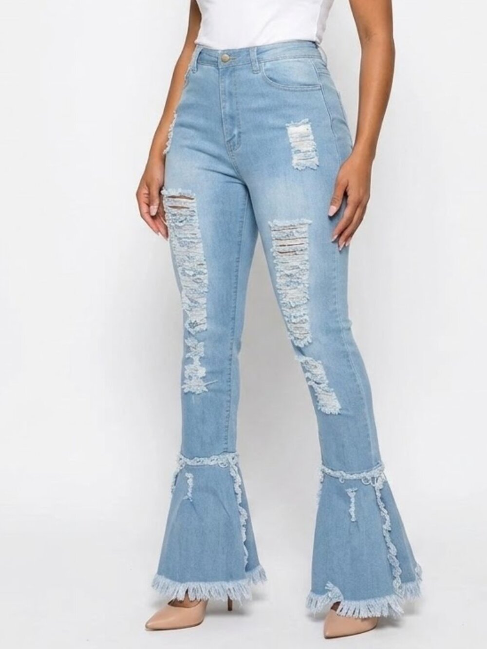 Y2K Cyber Baddie Distressed Extreme Bell Bottom Flare Jeans Light Wash Size M